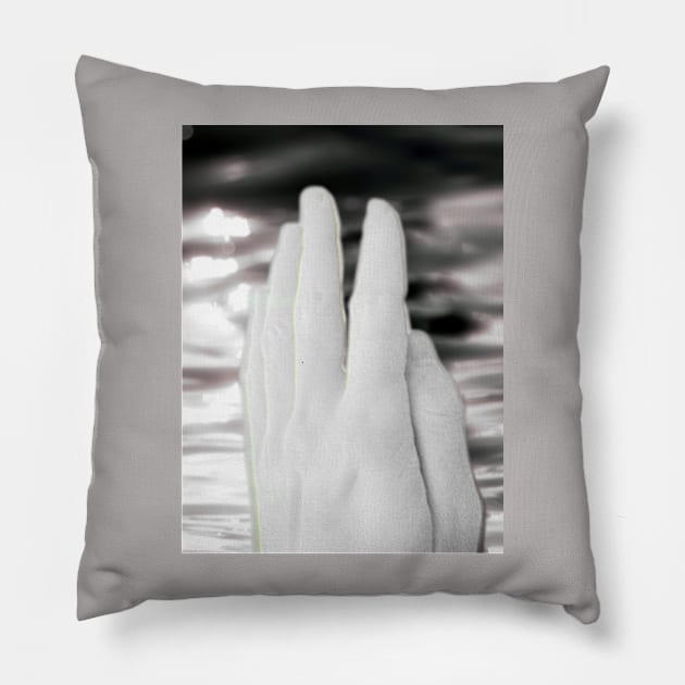 Digital collage and special processing. Hand near soft light. Soft and calm. To exist. Almost grayscale, pale. Pillow by 234TeeUser234