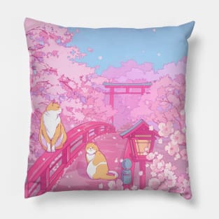 The Japanese  shrine, cute cats, and pink sakura blossom Pillow