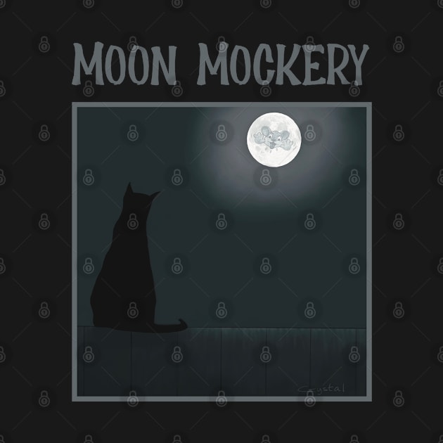 Mouse in the Moon Mocks Cat Sitting on a Fence - cute cat cartoon by Crystal Raymond