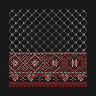 Palestinian Arabic Kufiya Keffiyeh or also called Hatta Traditional Pattern with Tatreez Embroidery Art Design Red Cream on Black T-Shirt