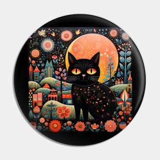 Surrealistic Folk Art Dark Floral Motif Black Cat Design Pin