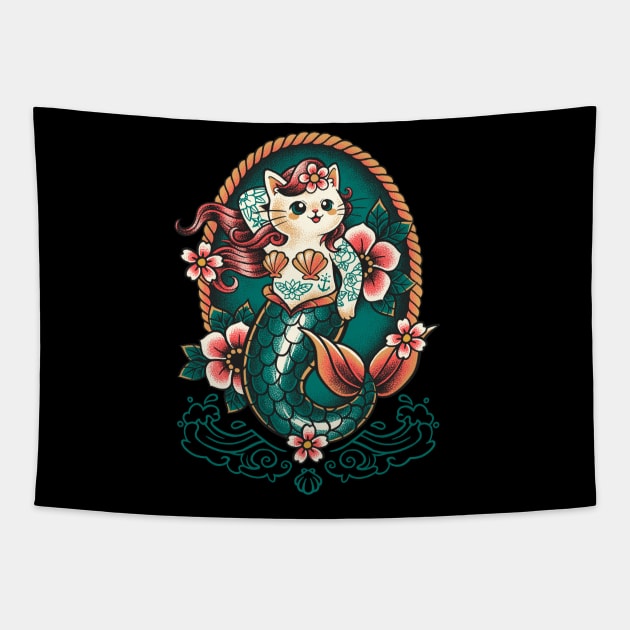 Mermaid cat tattoo Tapestry by NemiMakeit