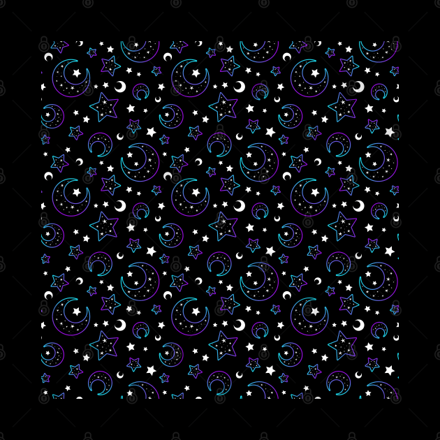 Mystical bright neon pattern with moon and stars by Saya Raven