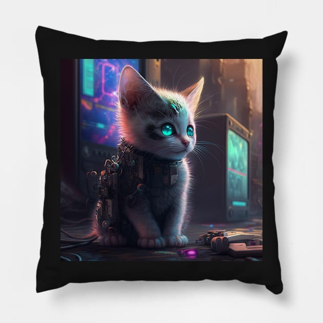 cute cyberpunk cat kitten Pillow by SJG-digital