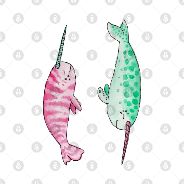 Chill Pastel Pink and Mint Narwhals in Watercolor by narwhalwall