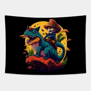 T Rex Dinosaur Riding Cat Tapestry