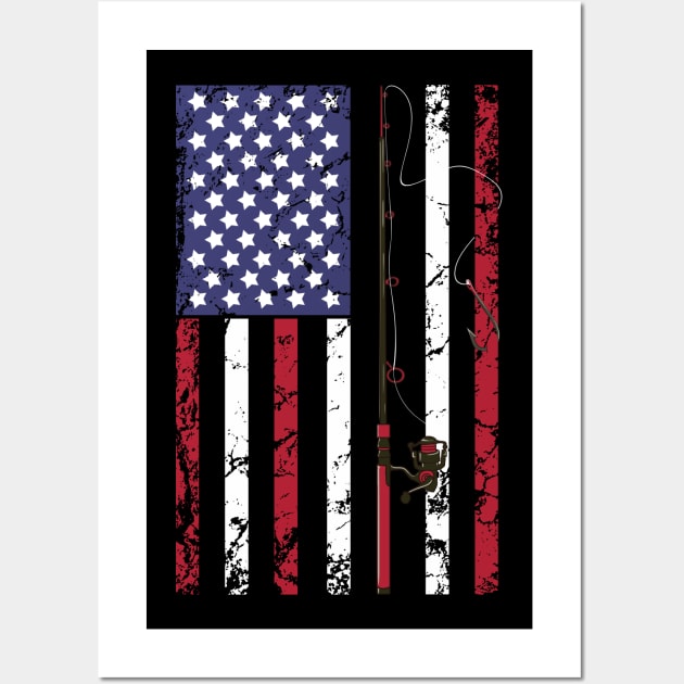 Distressed American Flag Fishing Pole Kids T-Shirt