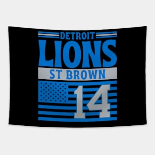 Detroit Lions Brown 14 American Flag Football Tapestry