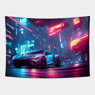 Dark Neon City Sports Car Tapestry