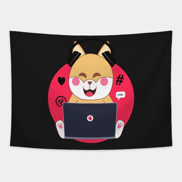 Kawaii shiba inu dog working from home Tapestry by Ralph Hovsepian