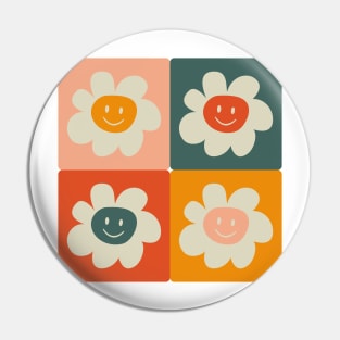 Positive checkered pattern with smiley retro hippie flowers Pin