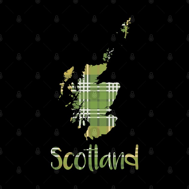 Scotland Green and Yellow Tartan Map Typography Design by MacPean