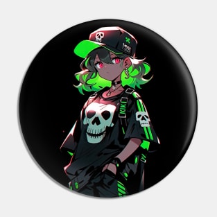 Girl with green hair and a baseball cap, dark neon punk Pin