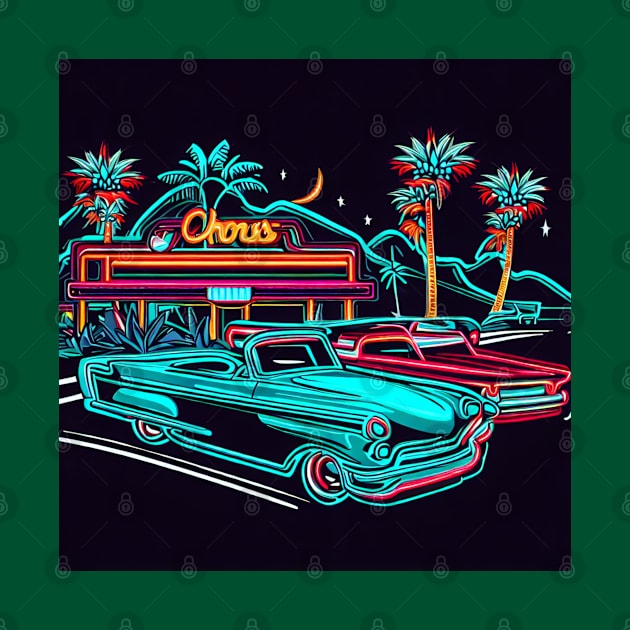A design that captures the spirit of a classic American road trip from the 1950s or 60s, with vintage cars, neon signs, and roadside attractions. by maricetak