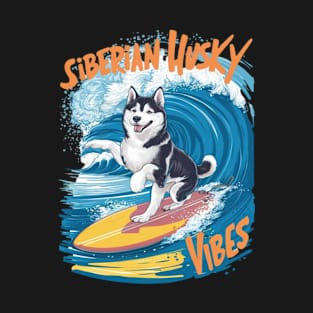 A smart, cute, and funny Siberian Husky dog riding a surfboard on top of a huge wave at a tropical island. T-Shirt