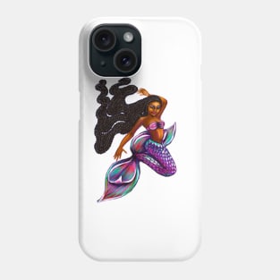 mermaid with flowing braids, brown eyes curly Afro hair and caramel brown skin. Black mermaid Phone Case