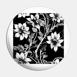 Vintage Floral Cottagecore Romantic Flower Design Black and White Pin