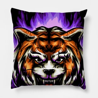 Angry Tiger Head With Blue Flames Pillow