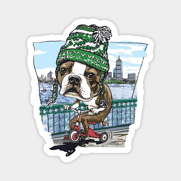 Boston Terrier Dog with Green, White and Black Winter Beanie Magnet by Mudge