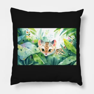 Whimsical Jungle Cat Watercolor Illustration Pillow