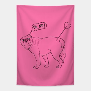 Oh, no! Touched by Cupid's arrow - funny english Bulldog With Heart Arrow - Humorous Valentine's Day, black lineart illustration Tapestry
