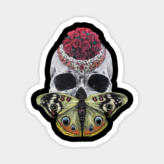 Roses Skulls Butterflies | Acid Pop Surreal Art | Ruby Red Skull Painting | Original Oil Painting By Tyler Tilley Created in 2020 Magnet by Tiger Picasso