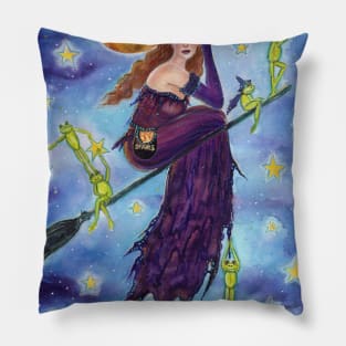 Halloween witch with frogs by Renee Lavoie Pillow