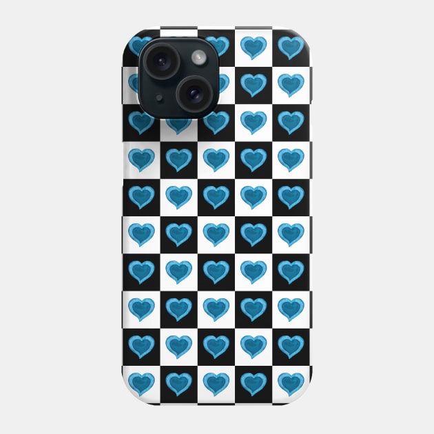 Blue watercolor hearts black and white checkered pattern Phone Case by Rising_Air