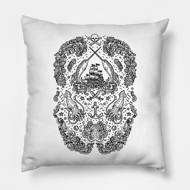 Pirate Narwhals black print Pillow by TejaJamilla