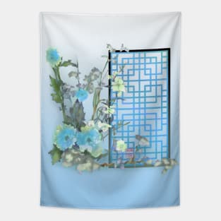 Blue sumiE watercolor flowers with a chinese lattice Tapestry