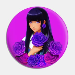 Anime Girl with Purple Eyes and Roses Pin