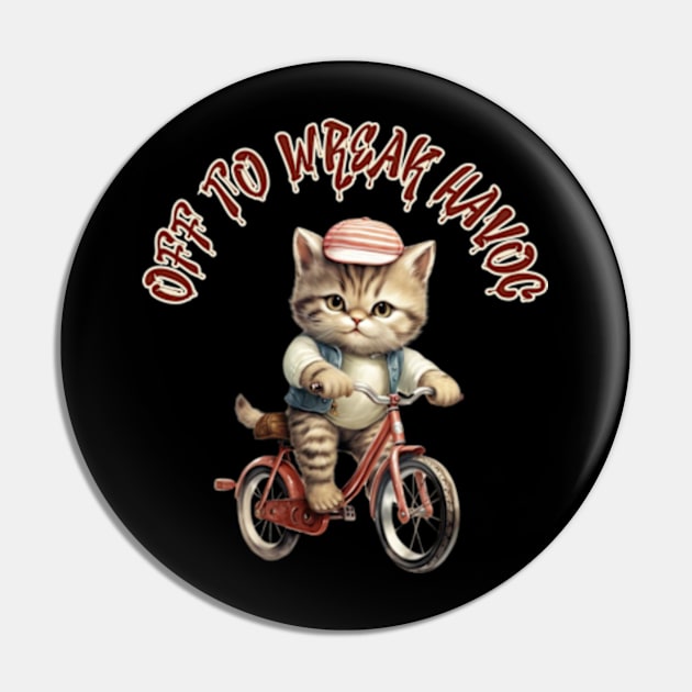 Off to Wreak Havoc Vintage Cat on Bicycle Funny Sarcasm Pin by Lavender Celeste