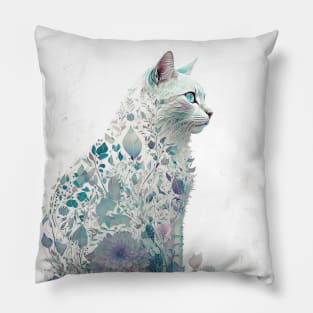 Watercolor Cat in Nature, Floral Design Pillow