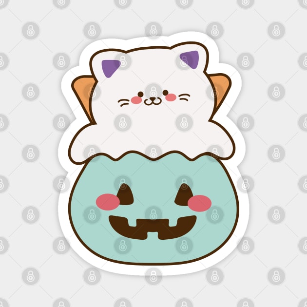 Baby cute ghost cat with pumpkin Magnet by NumbleRay