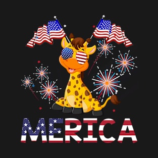 Merica Giraffe Usa American Flag Independence T-Shirt