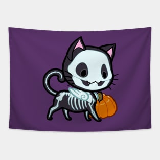 Halloween Chibi Winged Kitty - Black Skeleton Cat Tapestry