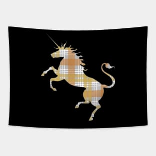 Scottish Metallic Gold, Silver and Bronze Tone Tartan Rearing Unicorn Silhouette Tapestry