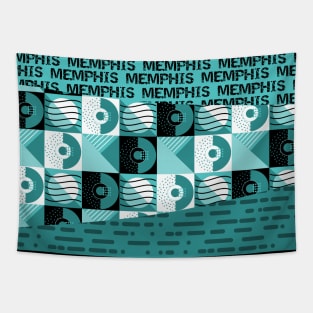 Turquoise Blue 80s Memphis Style Geometric Abstract Checked Postmodern Design Tapestry