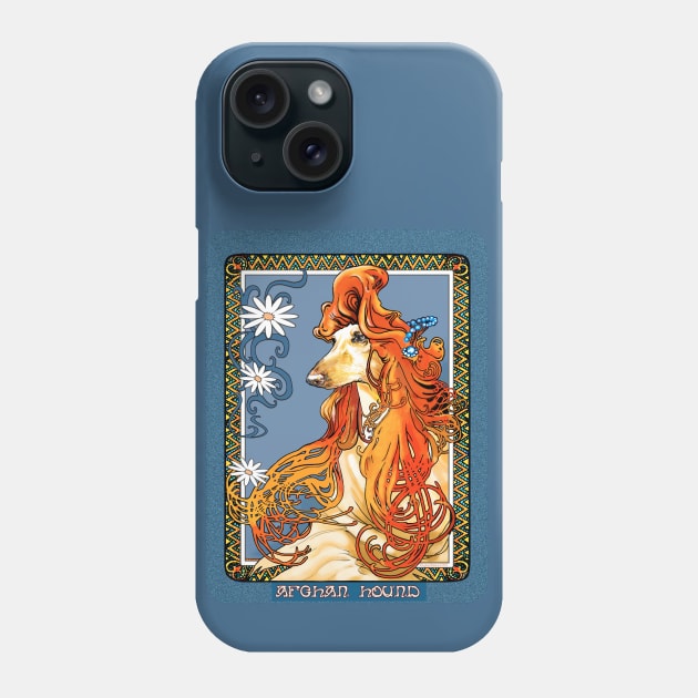 Afghan Hound. Daisies. Mucha/Watson. From an Alphonse Mucha illustration. Blue. Phone Case by chepea2