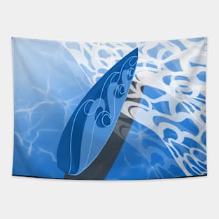 Summer Surfboard Overlaid on Top of a Blue Ocean Wave Tapestry