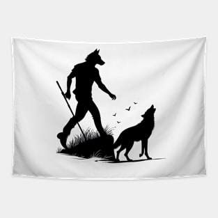 Moonlit Encounter: Wolf and Werewolf Silhouettes Tapestry