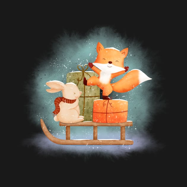 Cute Bunny and Fox with sledge and Christmas gifts by Sandra Herrgott