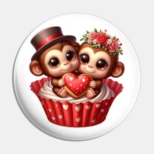 Valentine Monkey Couple In A Cupcake Pin