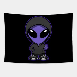 Hooded Space Alien Peace Hand Sign Purple Tapestry