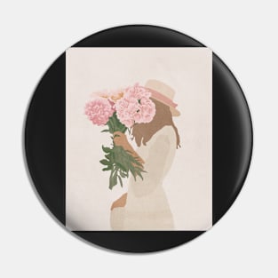 Girl with flowers, Peonies, Hat, Boho style art, Mid century art Pin