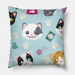 Every Cute Cat Pattern With Toys, Food, Mice, Paws Graphic illustrations Pillow