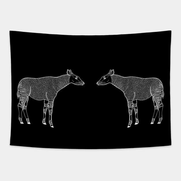 Okapis or Forest Giraffes in Love - black and white animal design Tapestry by Green Paladin