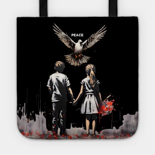 Against Hate: Call for a Peaceful Resolution on a dark (knocked out) background Tote