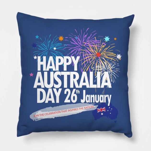 Happy Australia Day 26th January inscription poster with Australian Flag, Australia Map, stars and fireworks. Funny Australia, Patriotic National Holiday Festive Poster for gifts and clothing design. Festival Event decoration. Pillow by sofiartmedia