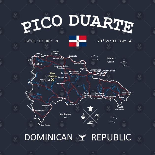 Dominican Republic Flag Travel Map Pico Duarte Coordinates Roads Rivers and Oceans White by French Salsa